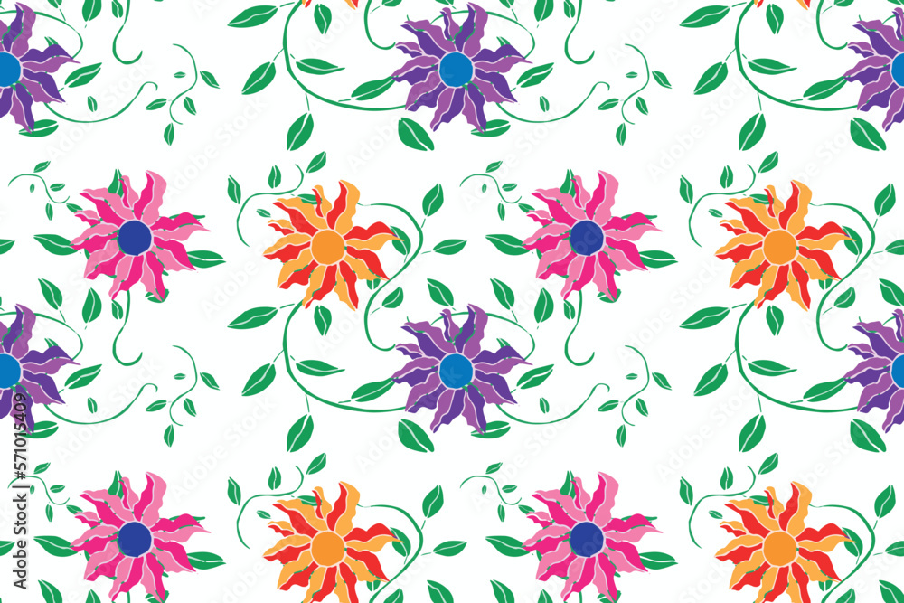 Foliage with petals in blue, pink, purple, red, yellow, orange. Charming spring artwork of seamless pattern with beautiful contrast colors.