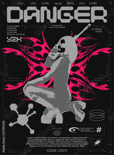 Retro futuristic poster girl sniper Y2k. Tribal style, girl with guns design elements in 90s retro style. Vector banner for printing, clothes prints