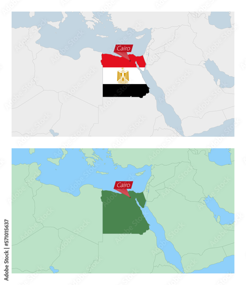Egypt map with pin of country capital. Two types of Egypt map with