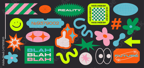 Collection of various patches, labels, tags, stickers, stamps. thanks, hi, yes. Funky hipster 90s style stickers. Vector set, trendy promo labels