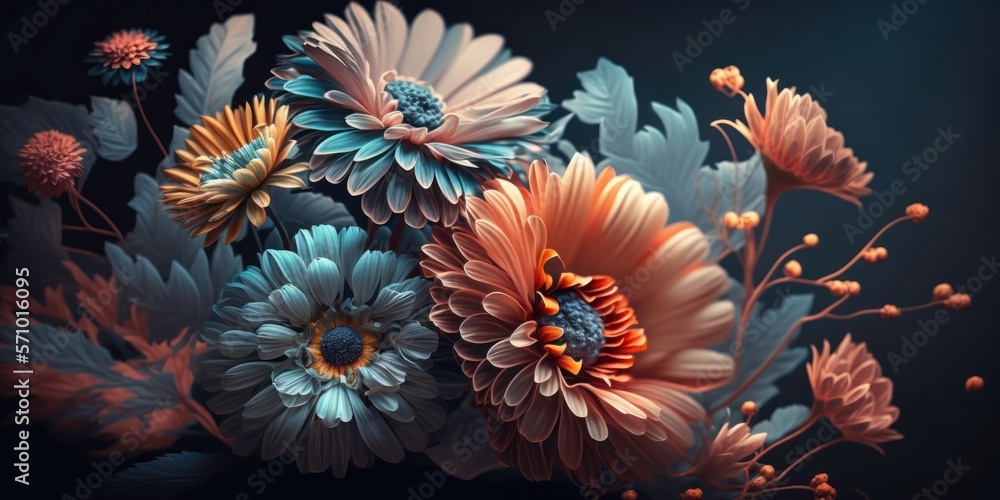 Blossom floral bouquet decoration. Colorful beautiful flowers background. Garden flowers plant pattern for wallpapers, greeting cards, postcards design, wedding invites.