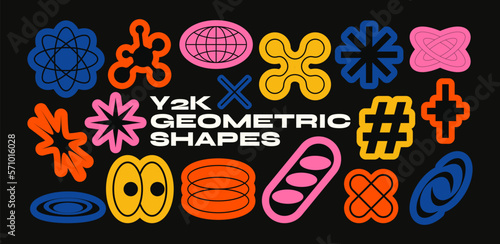 Y2k abstract shapes, minimalistic geometric elements in Bauhaus style. Simple shape planet, star .basic shape, trendy modern graphic elements vector set
