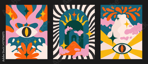 90s groovy posters. Cartoon psychedelic style. Bright hippie characters and retro elements. Trip landscapes with mountains, sun rays, planet, trip wave. Vector collection