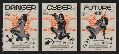 Retro futuristic poster girl sniper Y2k. Tribal style, girl with guns design elements in 90s retro style. Vector banner for printing, clothes prints