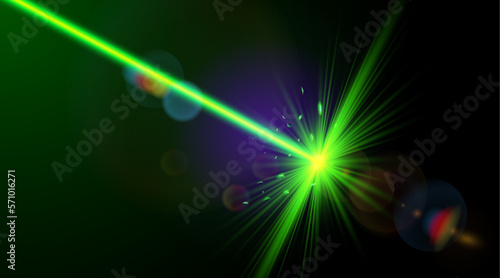 Green color laser beam. Laser strike with bright shiny sparkles.