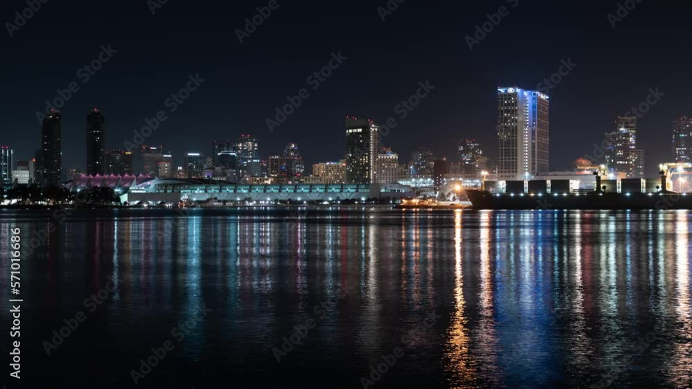 San Diego Bay Skyline from Tideland Park Coronado Island Pan R Night Time Lapse California USA San Diego Bay Skyline from Tideland Park Coronado Island Pan R Night Time Lapse California USA