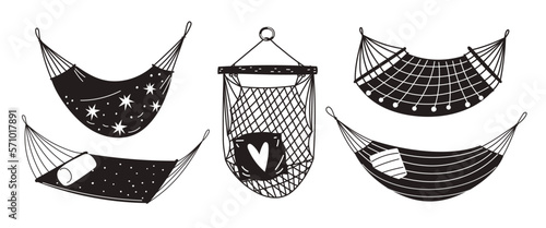 Black hammock icons. Cute hanging beds monochrome silhouette signs. Good resting and comfortable relax. Camping accessories. Rope armchair with pillow. Summer seats. Garish vector set