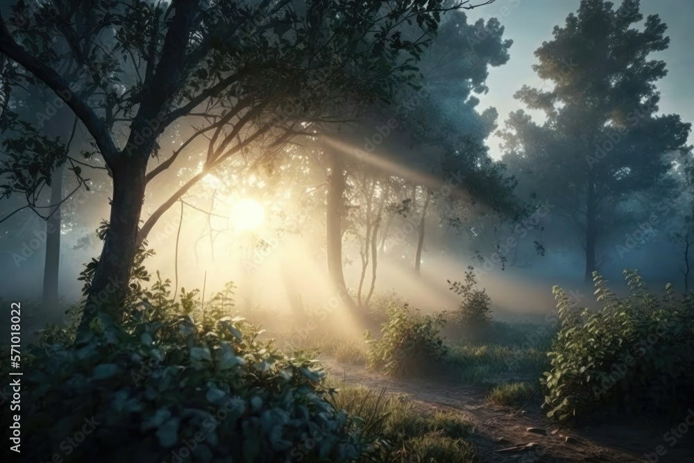 Wooded morning forest trees backlit by golden sunlight with sun rays pouring through foggy trees. Sunrise or sunset spring forest landscape environment. Wooded morning forest trees backlit by golden sunlight with sun rays pouring through foggy trees. Sunrise or sunset spring forest landscape environment.