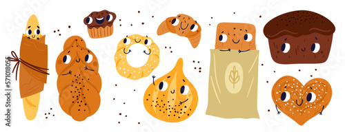 Bread characters. Bakery creatures with funny faces and hands. Happy pastry emoji. Smiling buns and baguette loaves. Tasty croissants. Food mascots. Cupcakes and bagels. Garish vector set