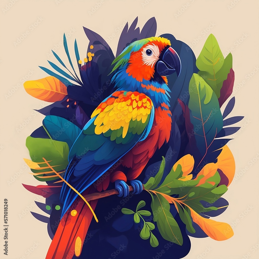 Colorful parrot on a branch illustration. Generative AI technology.