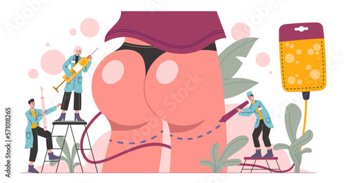 Buttock enlargement surgery. Butt beauty procedure. Breech lifting and increase. Botox injections. Doctors consultation. Liposuction and filler inject. Tiny surgeons. Vector concept