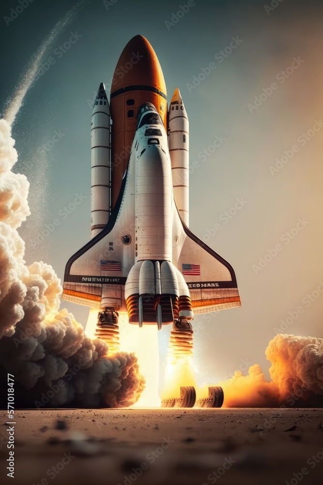 Spaceship takes off into the starry sky from station. Space shuttle rocket concept starts into space creating smoke trails and clouds.