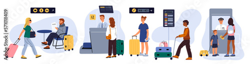 Cartoon people in airport. Staff and passengers characters. Reception desk. Persons moving luggage on trolley. Airline transportation. Men and women with baggage. Garish vector set