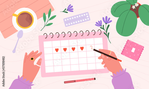 Female write period calendar, menstrual periods or menstruation day plan. Menses check schedule, woman health or pregnancy planning racy vector scene