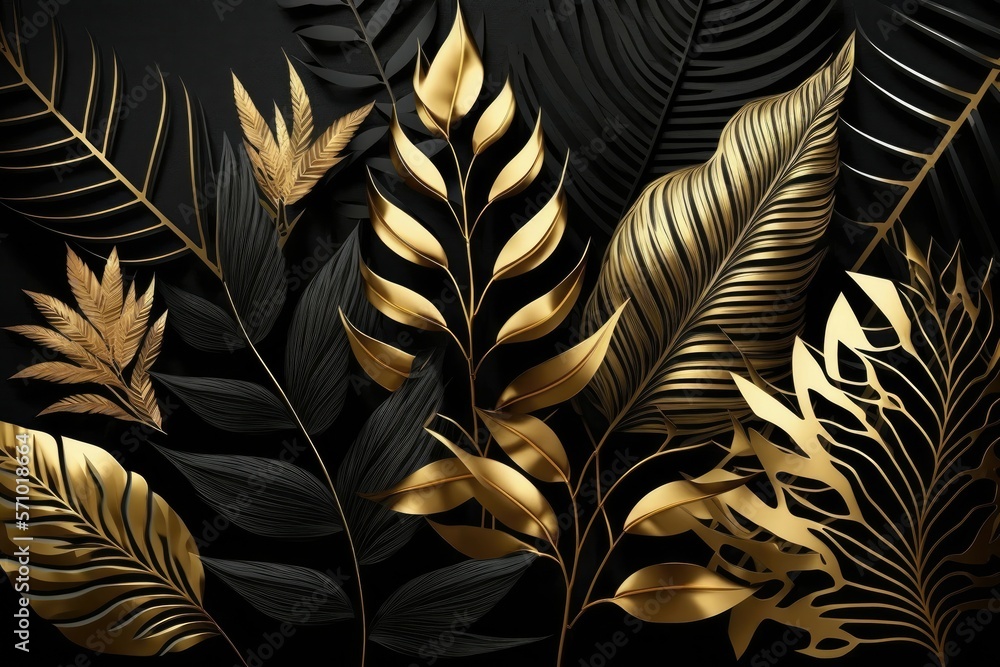 Tropical palm leaves pattern background. Gold and black monstera tree foliage decoration design. Plant with exotic leaf closeup. - obrazy, fototapety, plakaty 