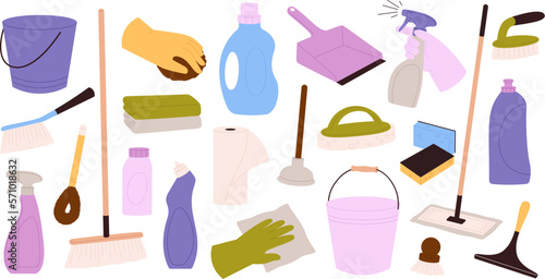 Cleaning set, supplies and dustpan broom. Equipment object for clean, household tools. Housework cloth, mop and bucket, cartoon racy vector clipart