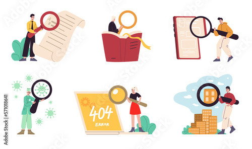 Characters with magnifying glass. Funny men and women hold big loupes. Different professions. Doctors and realtors. Programmers and builders. People search with magnifiers vector set