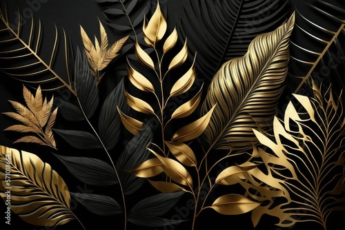 Tropical palm leaves pattern background. Gold and black monstera tree foliage decoration design. Plant with exotic leaf closeup. photo