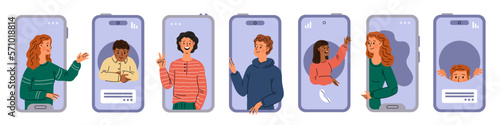Cute people on phones screens. Smartphones with looking out happy characters. Guys and girls in cellphones. Video call. Digital communication. Online messenger. Garish vector mobiles set