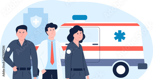 Medical team, ambulance doctors and hospital worker. Reanimation first aid car, doctor at work. Emergency workers, vector health support vector characters