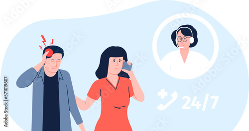 Woman call to emergency for husband or son. Man with headache, sick flu or virus. Hospital hotline, round the clock medical support, vector concept