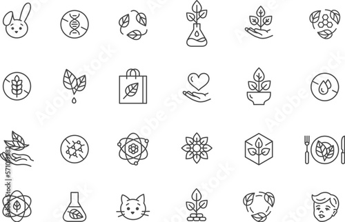 Eco icons collection. No gluten, children safe, no tested animal signs. Marks for food, clothes, plastic, toys, kitchen tools and cosmetics. Fresh organic vector symbols