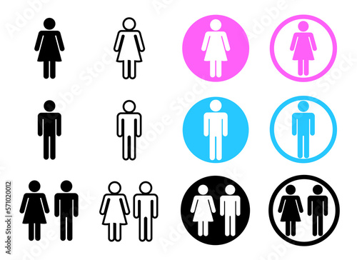 Set of Icons toilet. Restroom sign. Male and female bathroom sign in black circle. Black abstract symbols of man and women in flat style isolated on white background. Vector illustration.