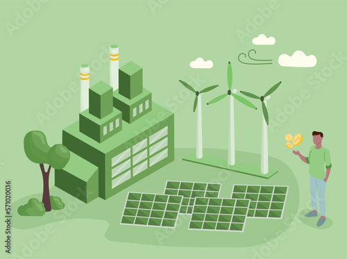 Sustainability illustration in flat style. ESG, green energy, sustainable industry with windmills and solar energy panels. Environmental, Social, and Corporate Governance concept.