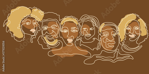 Black history month line art vector illustration. Afro people outline silhouette isolated. African American Canadian citizen community. Afro man, woman, child face continuous line drawing.