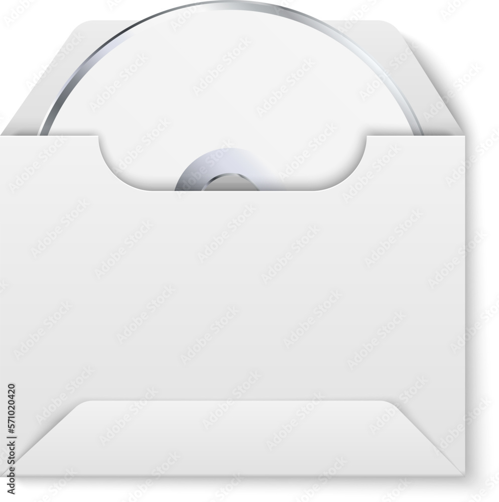 Office stationery. Realistic compact disk in blank paper envelope. Isolated CD-ROM package mockup. Brand identity. Music analogue copying. Musical album. Circle CD. Vector audio record Office stationery. Realistic compact disk in blank paper envelope. Isolated CD-ROM package mockup. Brand identity. Music analogue copying. Musical album. Circle CD. Vector audio record