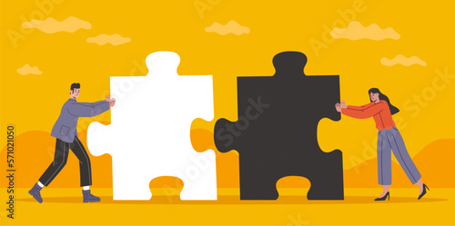 People push puzzle. Man and woman pushing figures towards each other. Connection and communication challenge. Persons joining jigsaw pieces. Partnership and understanding. Vector concept