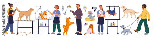 Pet care services. Grooming salon. People washing puppies fur and making haircut. Animals training. Combing dogs and cats. Professional veterinary work. Claws cut. Garish vector set