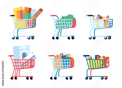 Shopping cart with groceries. Supermarket pushcarts. Food products. Retail sale. Money banknotes. Purchase boxes and bags. Household appliances. Presents and toys. Vector trolleys set