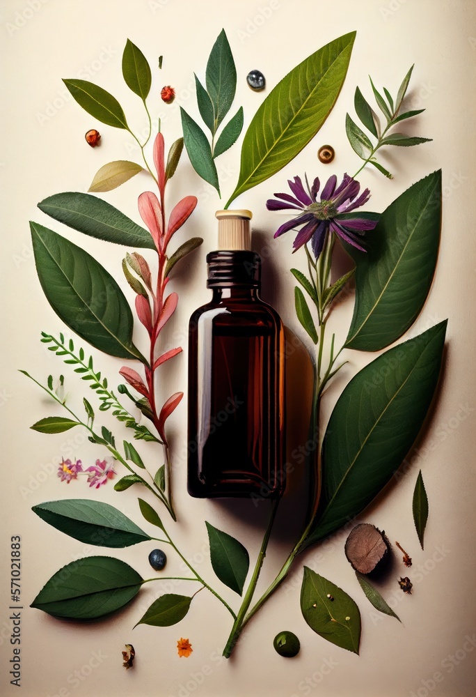 Bottle with natural organic essential oil made of herbs and citrus. Complementary medicine. Concept set of Aromatherapy, harmony, balance and meditation, spa, relax, beauty spa treatment. Bottle with natural organic essential oil made of herbs and citrus. Complementary medicine. Concept set of Aromatherapy, harmony, balance and meditation, spa, relax, beauty spa treatment.