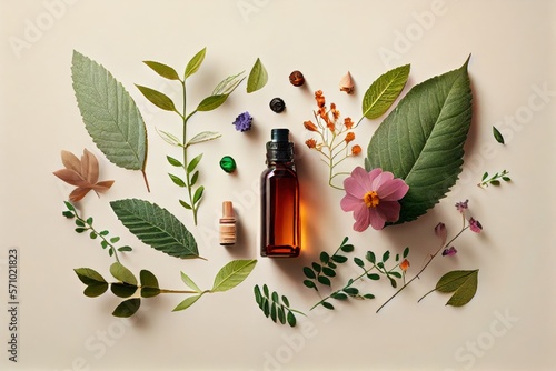 Bottle with natural organic essential oil made of herbs and citrus. Complementary medicine. Concept set of Aromatherapy, harmony, balance and meditation, spa, relax, beauty spa treatment.
