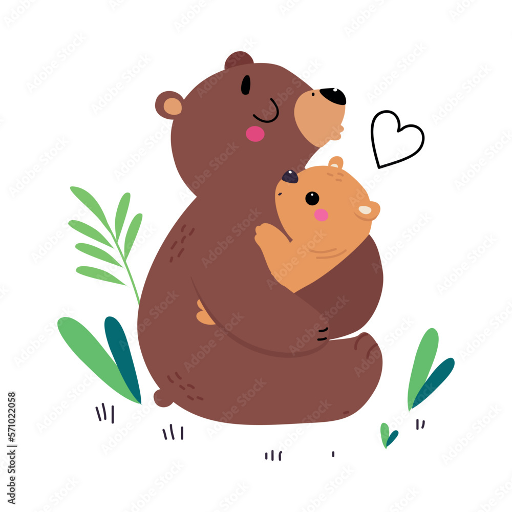 Bear family. Cute mom bear hugging her baby cartoon vector illustration