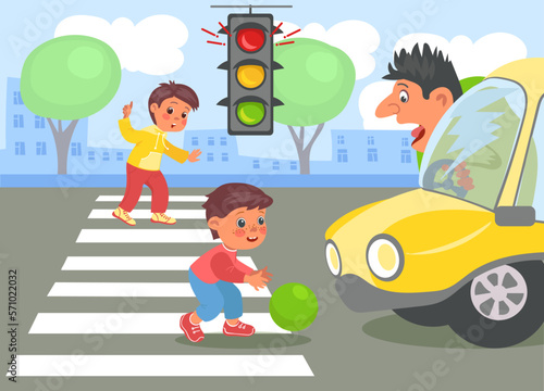 Violation road rules. Ball rolled out roadway. Boys play on highway. Car driver is stressed. Pedestrians crossing auto streets. Preschoolers dangerous game. Splendid vector concept