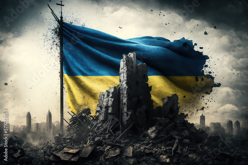 Ruined Ukrainian City Against Ukraine Flag Created with Generative AI Technology
