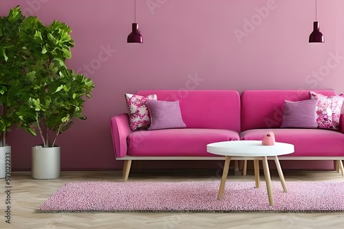 Living room in pink with pink wall and sofa. Home decoration ideas. Creative ideas. Generative Ai