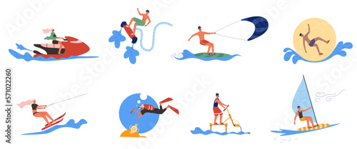 Water funny activities. People ride surfboards and jet skis. Beach attractions. Men and women in swimsuits. Extreme windsurfing or flyboarding. Diving with snorkel. Vector sea sport set