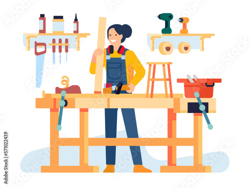 Woman carpenter works in workshop. Female making furniture. Joiner with construction equipment. Industrial instruments. Woodwork studio. Girl holding wood plank and hammer. Vector concept