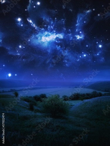Beautiful galaxy over fields and hills. Colorful night landscape with cosmic clouds. Interstellar nebula in the starry sky over mountains.  © Nazarii