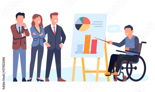 Guy in wheelchair presents infographic on flipchart. Business presentation. Inclusion in office work. Handicapped person showing with pointer to diagram on whiteboard. Vector concept