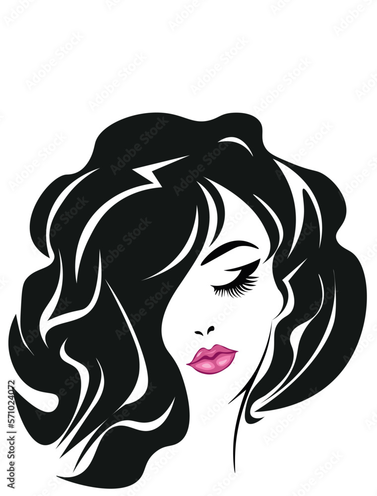 Заголовок	
Beautiful sexy woman face, curly black hair style, fashion hairdresser, element design, spa salon. Beauty Logo. Vector illustratio