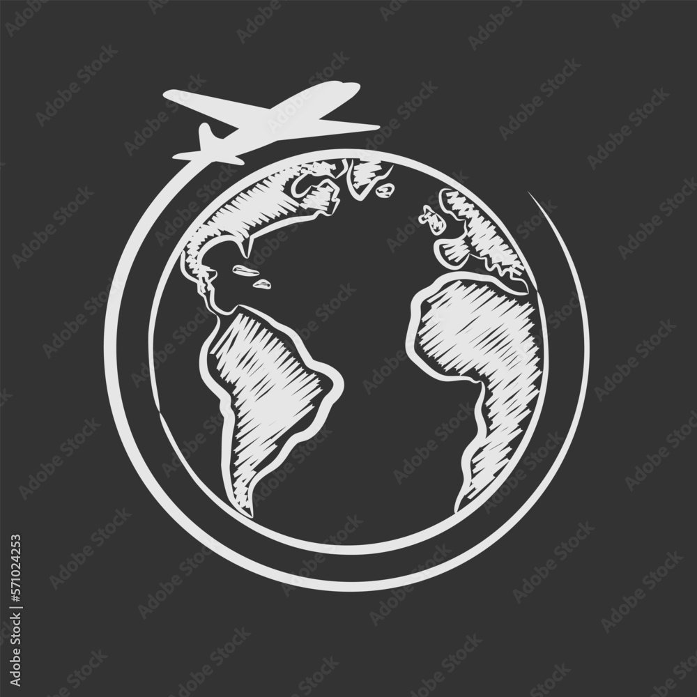 Airplane flying around the world isolated on dark background. Vector illustration Airplane flying around the world isolated on dark background. Vector illustration