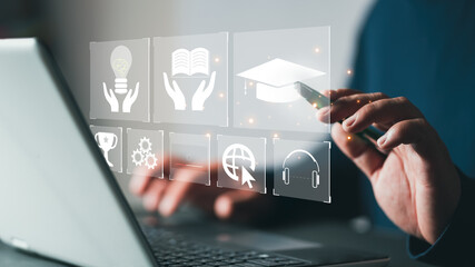 Concept of Online education. man use Online education training and e-learning webinar on internet for personal development and professional qualifications. Digital courses to develop new skills.