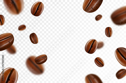 Falling coffee beans isolated on transparent background. Flying defocusing coffee grains. Applicable for cafe advertising, package, menu design. Realistic 3d Vector illustration.