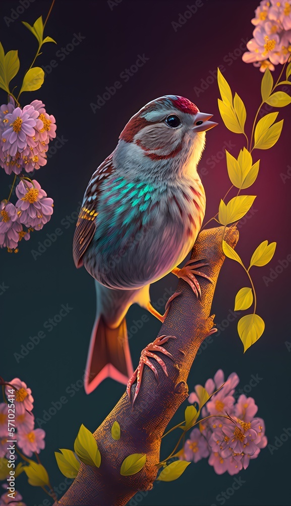 A tiny finch on a branch with spring flowers, generative ai
