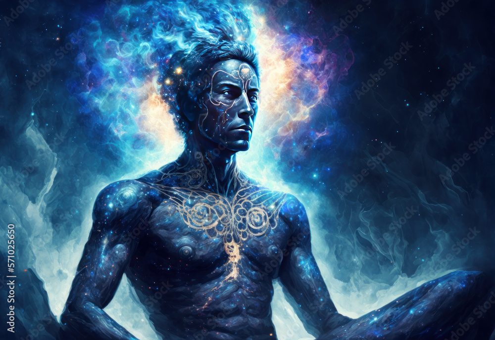 Hombre meditando con la energía del universo, creado con IA generativa Hombre meditando con la energía del universo, creado con IA generativa