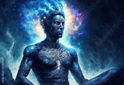 Hombre meditando con la energía del universo, creado con IA generativa